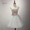 Chic / Beautiful Sky Blue Party Dresses 2017 Short Ball Gown Cascading Ruffles Off-The-Shoulder Short Sleeve Backless Appliques Flower Beading Crystal Formal Dresses