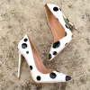 Chic / Beautiful White Dating Pumps 2019 Black Spotted Leather 12 cm Stiletto Heels Pointed Toe Pumps