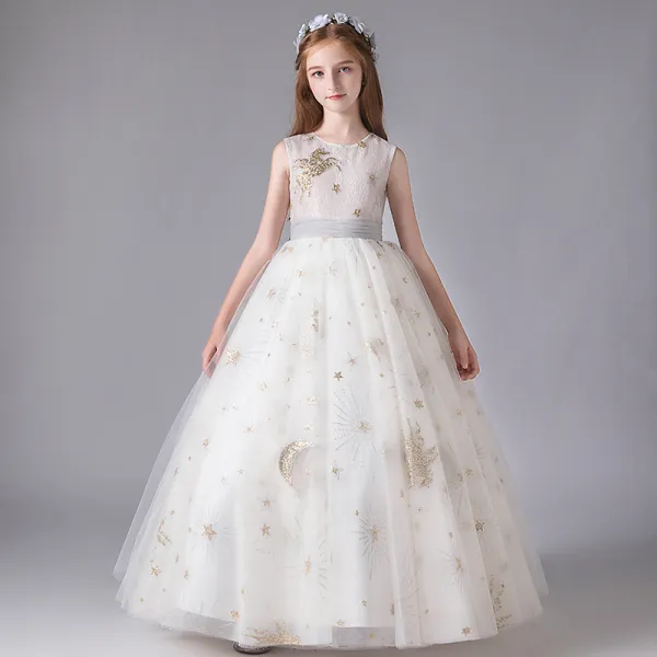Chic / Beautiful White Flower Girl Dresses 2020 Ball Gown Scoop Neck Sleeveless Sash Sequins Glitter Tulle Floor-Length / Long Ruffle