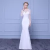 Chic / Beautiful White See-through Evening Dresses  2018 Trumpet / Mermaid Scoop Neck Long Sleeve Rhinestone Floor-Length / Long Ruffle Formal Dresses