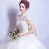 Chic / Beautiful White Wedding Dresses 2017 A-Line / Princess Lace High Neck Appliques Backless Beading Wedding