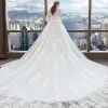 Chic / Beautiful White Wedding Dresses 2018 A-Line / Princess V-Neck Pierced Long Sleeve Backless Appliques Lace Beading Ruffle Cathedral Train