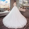 Chic / Beautiful White Wedding Dresses 2018 Ball Gown Lace Appliques Off-The-Shoulder Backless Sleeveless Chapel Train Wedding
