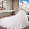 Chic / Beautiful White Wedding Dresses 2018 Ball Gown Lace Appliques Off-The-Shoulder Backless Sleeveless Chapel Train Wedding