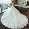 Chic / Beautiful White Wedding Dresses 2018 Ball Gown Lace Appliques Pearl Scoop Neck Backless 1/2 Sleeves Royal Train Wedding