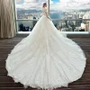Chic / Beautiful White Wedding Dresses 2018 Ball Gown Lace Appliques Pearl Scoop Neck Backless 1/2 Sleeves Royal Train Wedding