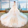 Chic / Beautiful White Wedding Dresses 2018 Ball Gown Off-The-Shoulder Short Sleeve Backless Gold Appliques Lace Beading Cathedral Train Ruffle