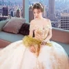 Chic / Beautiful White Wedding Dresses 2018 Ball Gown Off-The-Shoulder Short Sleeve Backless Gold Appliques Lace Beading Cathedral Train Ruffle