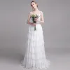 Chic / Beautiful White Wedding Dresses 2019 A-Line / Princess Spaghetti Straps Lace Flower Sleeveless Backless Cascading Ruffles Sweep Train