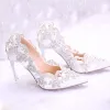 Chic / Belle Blanche Chaussure De Mariée 2017 À Bout Pointu PU 9 cm Talons Hauts Perlage Faux Diamant Mariage Chaussures Femmes