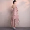 Chic / Belle Rougissant Rose Robe De Cocktail 2018 Princesse Paillettes Encolure Dégagée Dos Nu Sans Manches Asymétrique Robe De Ceremonie