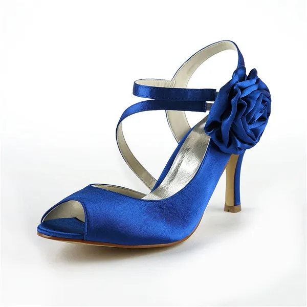 Chic Blue Bridal Shoes Open Toe 3 Inch Stilettos Heels Satin Strappy Pumps
