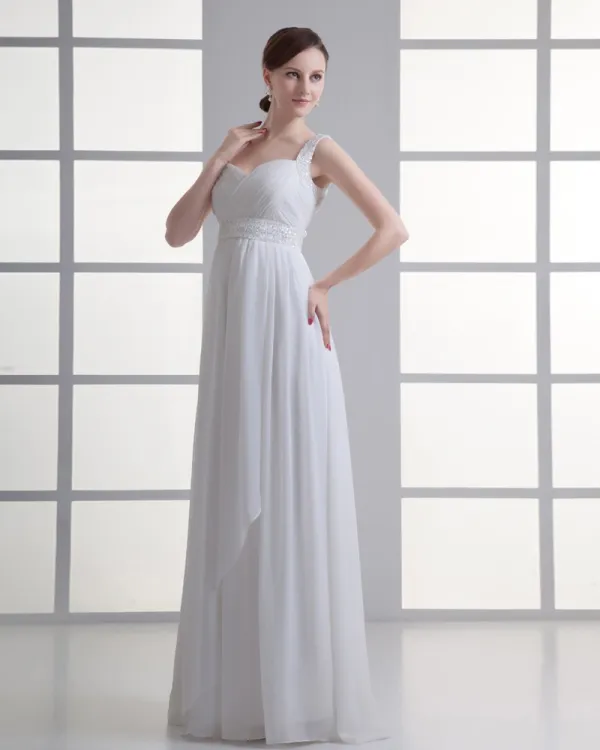 Chiffon Ruffle Beading Shoulder Straps Floor Length Pleated Empire Wedding Dress