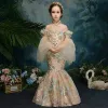 Chinese style Champagne See-through Flower Girl Dresses 2019 Trumpet / Mermaid High Neck Bell sleeves Appliques Lace Beading Floor-Length / Long Wedding Party Dresses