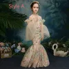 Chinese style Champagne See-through Flower Girl Dresses 2019 Trumpet / Mermaid High Neck Bell sleeves Appliques Lace Beading Floor-Length / Long Wedding Party Dresses