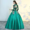 Chinese style Green See-through Prom Dresses 2018 Ball Gown High Neck Long Sleeve Embroidered Pearl Floor-Length / Long Ruffle Backless Formal Dresses