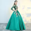 Chinese style Green See-through Prom Dresses 2018 Ball Gown High Neck Long Sleeve Embroidered Pearl Floor-Length / Long Ruffle Backless Formal Dresses