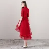Chinese style Red Cocktail Dresses 2018 A-Line / Princess High Neck 1/2 Sleeves Pearl Rhinestone Appliques Flower Asymmetrical Ruffle Formal Dresses