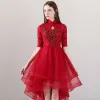 Chinese style Red Cocktail Dresses 2018 A-Line / Princess High Neck 1/2 Sleeves Pearl Rhinestone Appliques Flower Asymmetrical Ruffle Formal Dresses