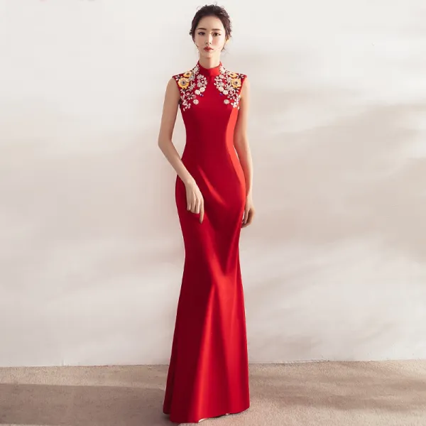 Chinese style Red Evening Dresses  2017 Trumpet / Mermaid High Neck Sleeveless Appliques Flower Crystal Pearl Rhinestone Floor-Length / Long Backless Formal Dresses