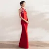Chinese style Red Evening Dresses  2017 Trumpet / Mermaid High Neck Sleeveless Appliques Flower Crystal Pearl Rhinestone Floor-Length / Long Backless Formal Dresses