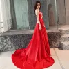 Chinese style Red Evening Dresses  2019 A-Line / Princess Strapless Appliques Lace Bow Sleeveless Backless Court Train Formal Dresses