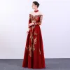 Chinese style Red See-through Evening Dresses  2019 A-Line / Princess High Neck Long Sleeve Embroidered Flower Rhinestone Floor-Length / Long Formal Dresses