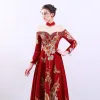Chinese style Red See-through Evening Dresses  2019 A-Line / Princess High Neck Long Sleeve Embroidered Flower Rhinestone Floor-Length / Long Formal Dresses