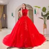 Chinese style Red Wedding Dresses 2019 Ball Gown High Neck Beading Crystal Lace Flower Sequins Short Sleeve Backless Cathedral Train