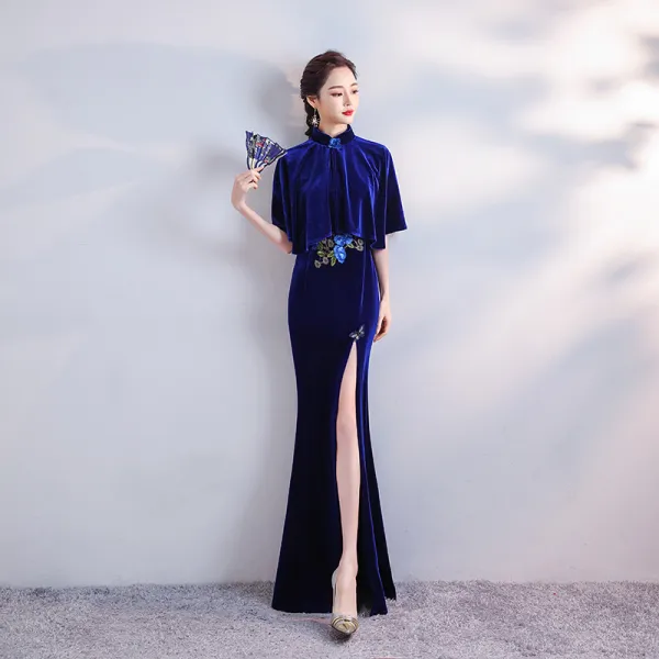 Chinese style Royal Blue Velour Cheongsam / Qipao With Shawl 2020 Trumpet / Mermaid High Neck Short Sleeve Appliques Embroidered Beading Split Front Floor-Length / Long Formal Dresses