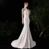 Chinese style White Satin Evening Dresses  2020 Trumpet / Mermaid See-through High Neck Short Sleeve Beading Rhinestone Sweep Train Formal Dresses