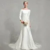Classic Elegant White Wedding Dresses 2020 Trumpet / Mermaid Off-The-Shoulder Long Sleeve Satin Covered Button Sweep Train Wedding