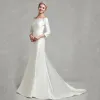 Classic Elegant White Wedding Dresses 2020 Trumpet / Mermaid Off-The-Shoulder Long Sleeve Satin Covered Button Sweep Train Wedding