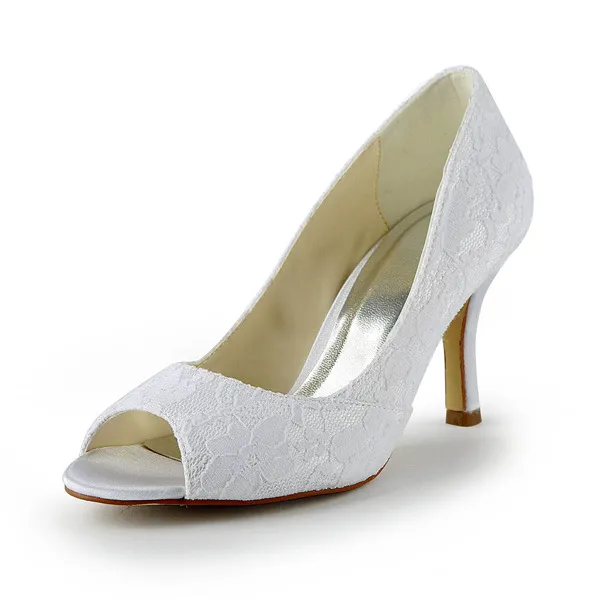 Classic Lace Bridal Shoes White Peep Toe Stiletto Heel Pumps