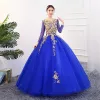 Classic Navy Blue Dancing Prom Dresses 2021 Ball Gown Scoop Neck Long Sleeve Appliques Lace Beading Pearl Sequins Floor-Length / Long Ruffle Backless Formal Dresses