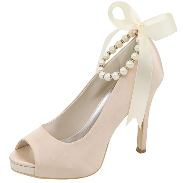 Classy Champagne Evening Party Satin Pumps 2020 Bow Pearl Ankle Strap 11 cm Stiletto Heels Open / Peep Toe Pumps