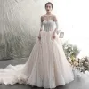 Classy Champagne Wedding Dresses 2019 A-Line / Princess Off-The-Shoulder Beading Lace Flower Sleeveless Backless Chapel Train