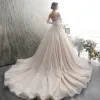 Classy Champagne Wedding Dresses 2019 A-Line / Princess Off-The-Shoulder Beading Lace Flower Sleeveless Backless Chapel Train