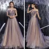 Classy Purple Champagne Gradient-Color Prom Dresses 2020 A-Line / Princess Off-The-Shoulder Short Sleeve Sequins Beading Glitter Tulle Sweep Train Ruffle Backless Formal Dresses