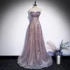 Eleganckie Fioletowe Sukienki Wieczorowe 2020 Princessa Kochanie Bez Rękawów Aplikacje Cekiny Cekinami Tiulowe Trenem Sweep Wzburzyć Bez Pleców Sukienki Wizytowe