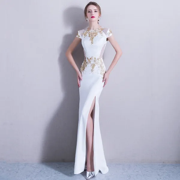 Elegant 2017 White Evening Dresses  U-Neck Appliques Handmade  Trumpet / Mermaid Evening Party Formal Dresses