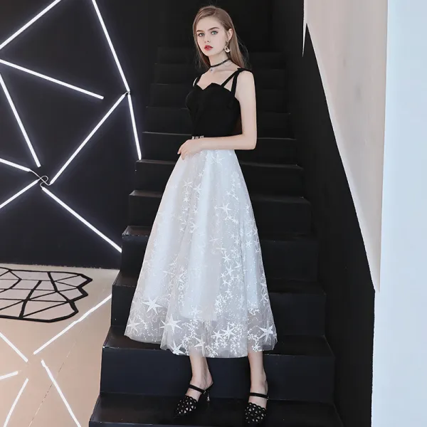 Elegant Black Prom Dresses 2018 A-Line / Princess Rhinestone Star Spaghetti Straps Sleeveless Backless Tea-length Formal Dresses