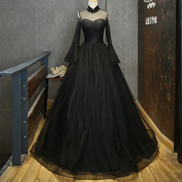 Elegant Black See-through Prom Dresses 2019 A-Line / Princess High Neck Bell sleeves Beading Rhinestone Floor-Length / Long Ruffle Formal Dresses