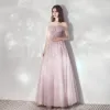 Elegant Blushing Pink Evening Dresses  2019 A-Line / Princess Off-The-Shoulder Short Sleeve Appliques Flower Beading Floor-Length / Long Ruffle Backless Formal Dresses