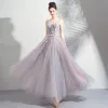 Elegant Blushing Pink Prom Dresses 2019 A-Line / Princess V-Neck Beading Pearl Crystal Appliques Sleeveless Backless Floor-Length / Long Formal Dresses