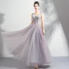Elegant Blushing Pink Prom Dresses 2019 A-Line / Princess V-Neck Beading Pearl Crystal Appliques Sleeveless Backless Floor-Length / Long Formal Dresses