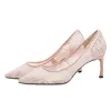 Elegant Burgundy See-through Wedding Shoes 2019 Lace 7 cm Stiletto Heels Pointed Toe Wedding Pumps