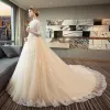Elegant Champagne Wedding Dresses 2018 Ball Gown V-Neck 1/2 Sleeves Backless Appliques Lace Sequins Pearl Ruffle Cathedral Train