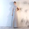 Elegant Chinese style Silver Evening Dresses  2018 A-Line / Princess Appliques Lace Sequins Sash High Neck Backless Sleeveless Floor-Length / Long Formal Dresses