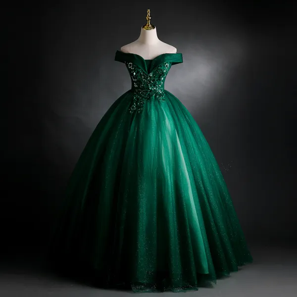 Elegant Dark Green Prom Dresses 2021 Ball Gown Off-The-Shoulder Beading Sequins Lace Flower Sleeveless Backless Floor-Length / Long Formal Dresses